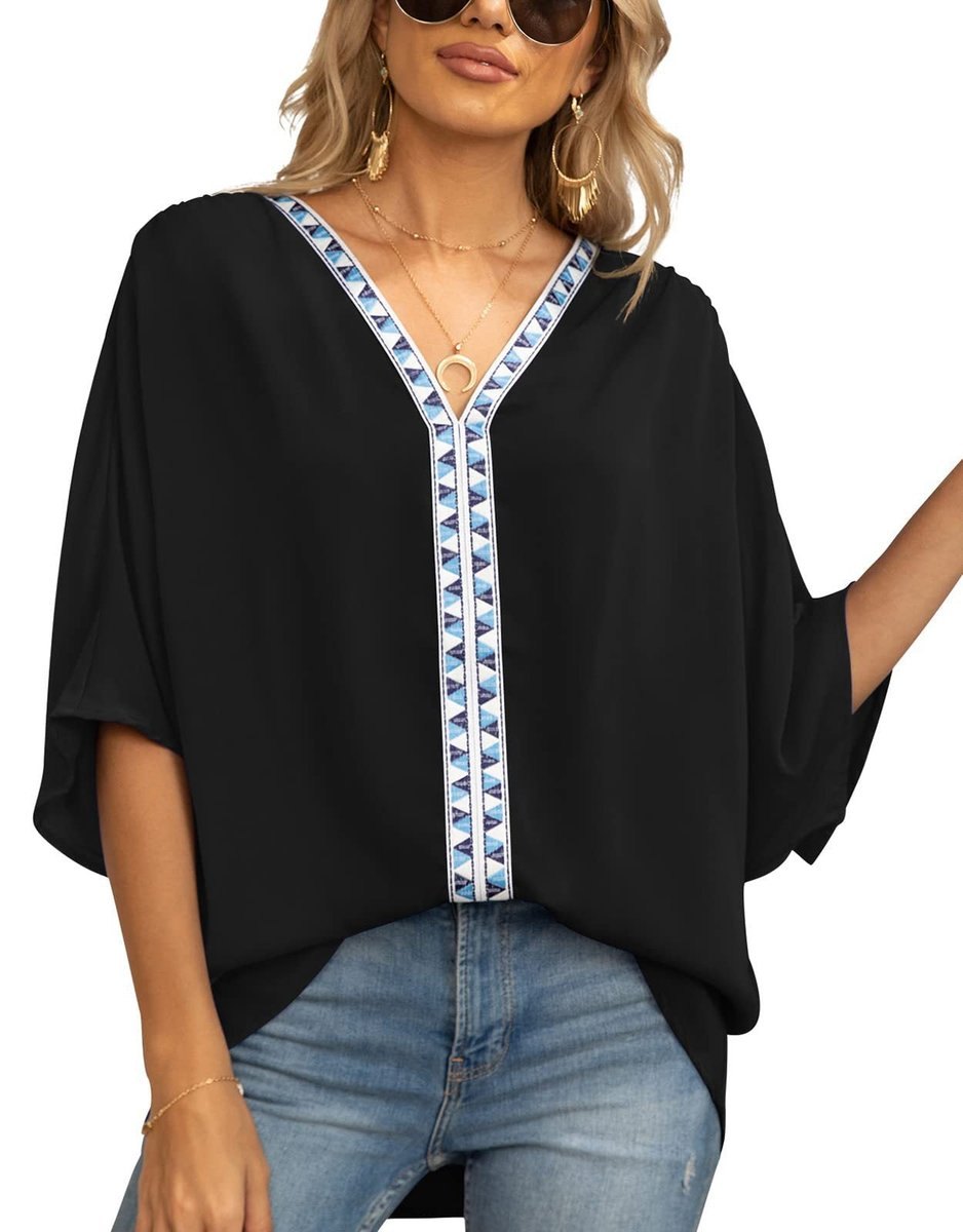 Effortless Embroidered Tunic for Women with V Neck Oversized Geometric Trim Bohemian Style