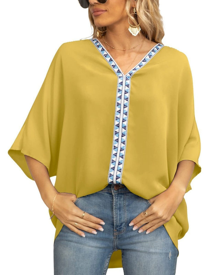 Effortless Embroidered Tunic for Women with V Neck Oversized Geometric Trim Bohemian Style