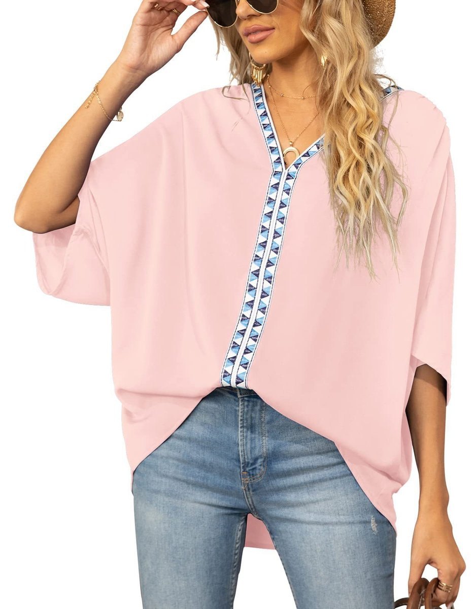 Effortless Embroidered Tunic for Women with V Neck Oversized Geometric Trim Bohemian Style