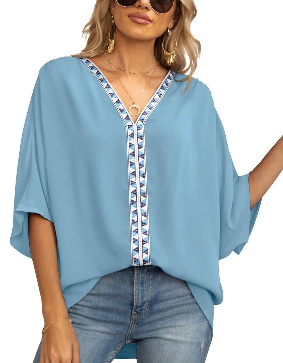 Effortless Embroidered Tunic for Women with V Neck Oversized Geometric Trim Bohemian Style