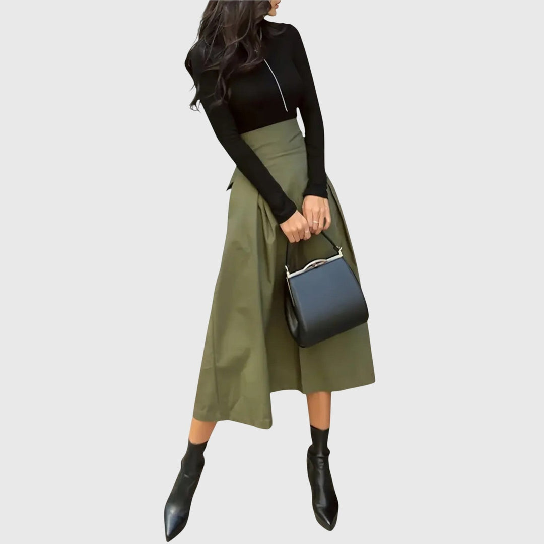 Effortless Green Midi Skirt for Women with A Line Cut Elastic Waist Relaxed Everyday Style