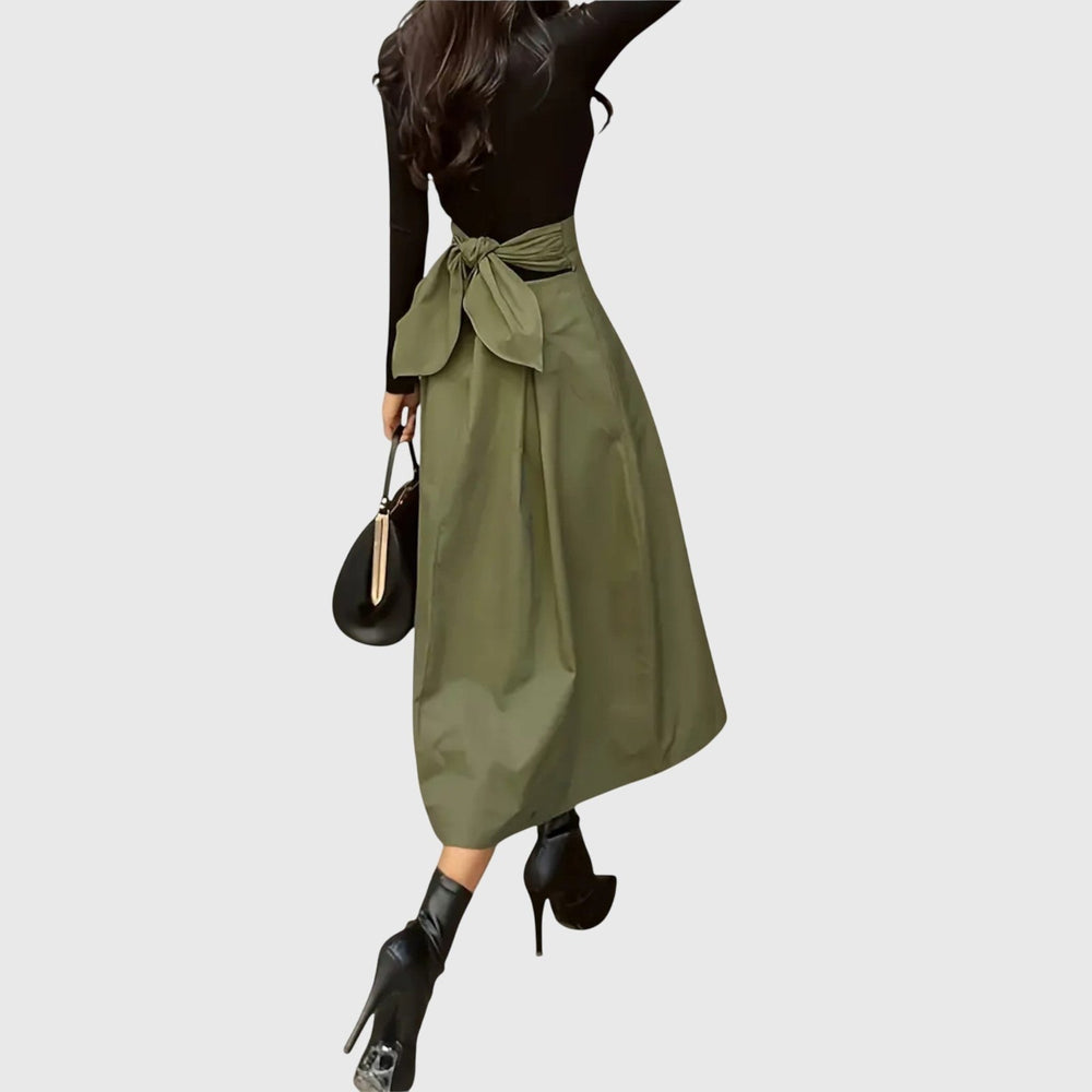 Effortless Green Midi Skirt for Women with A Line Cut Elastic Waist Relaxed Everyday Style