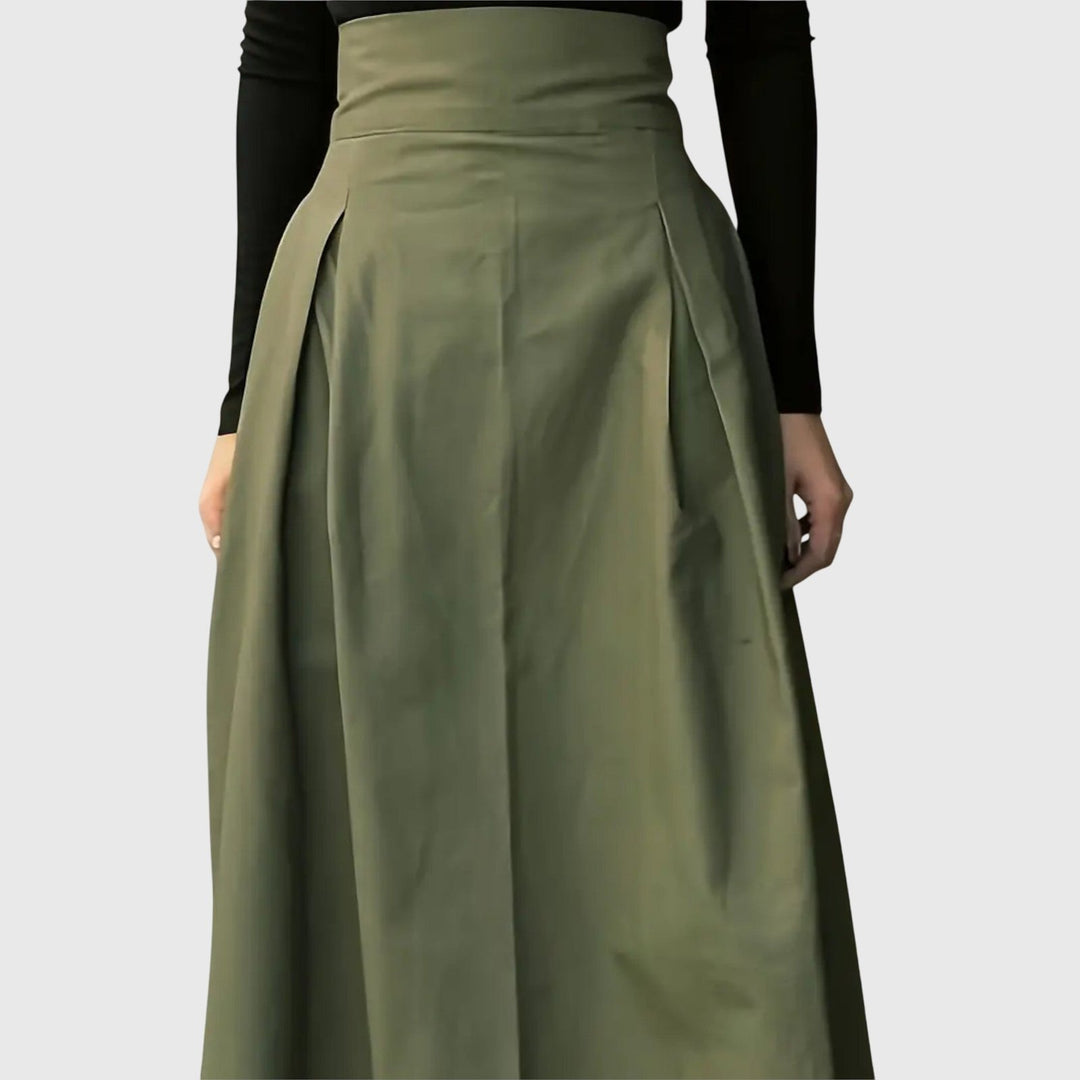 Effortless Green Midi Skirt for Women with A Line Cut Elastic Waist Relaxed Everyday Style