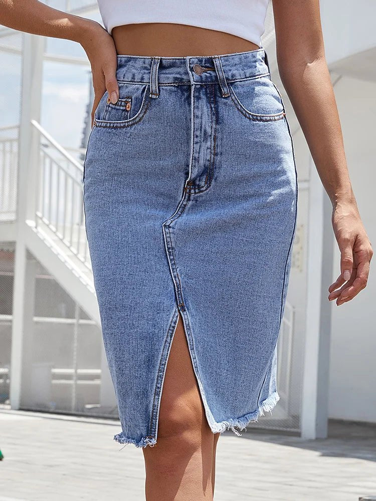 Effortless High Waist Denim Skirt for Women with Midi Length Front Slit Relaxed Summer Style
