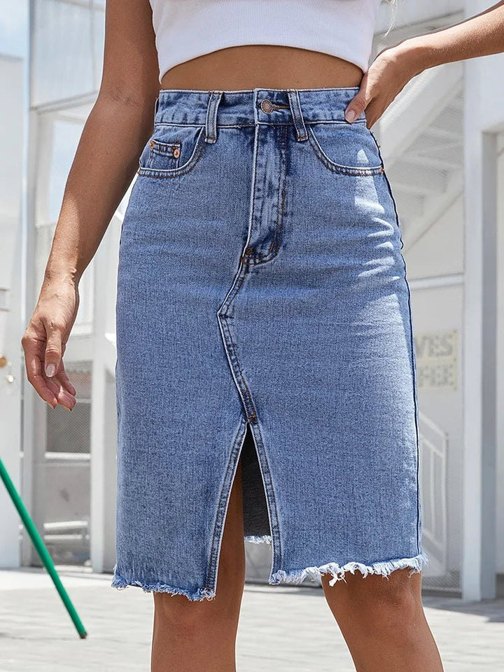 Effortless High Waist Denim Skirt for Women with Midi Length Front Slit Relaxed Summer Style
