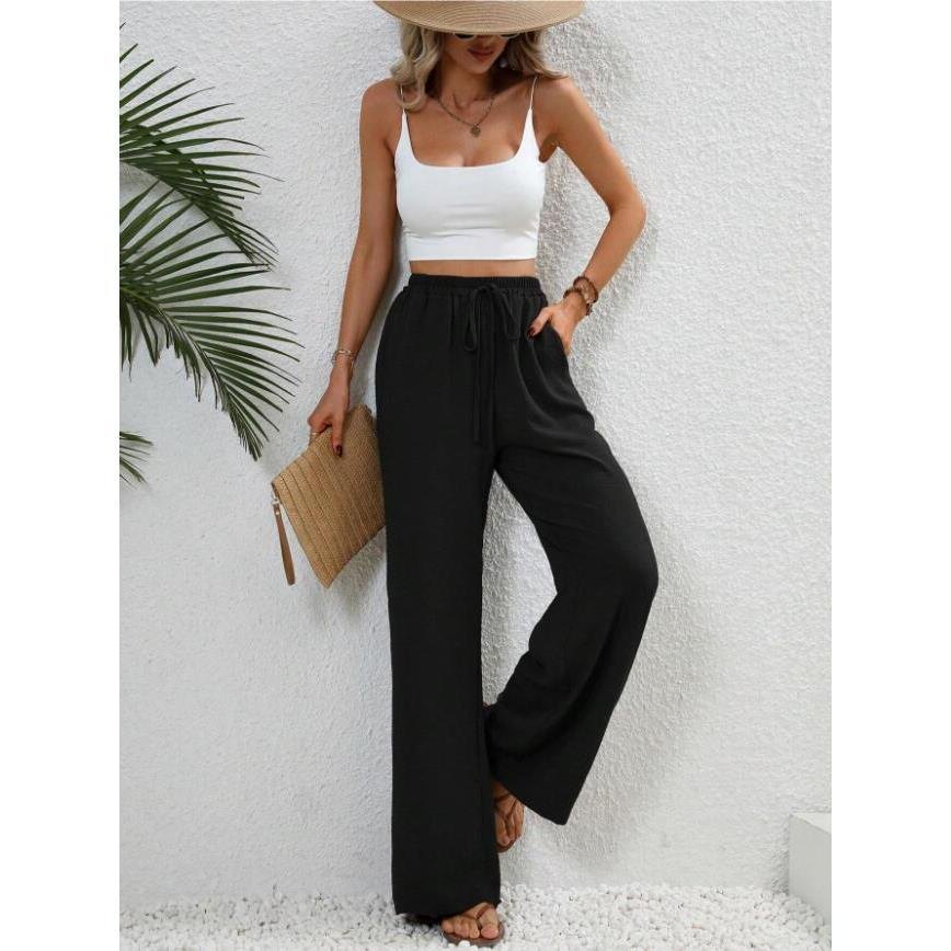 Effortless High Waist Wide Leg Pants for Women with Drawstring Loose Fit Side Pocket Style
