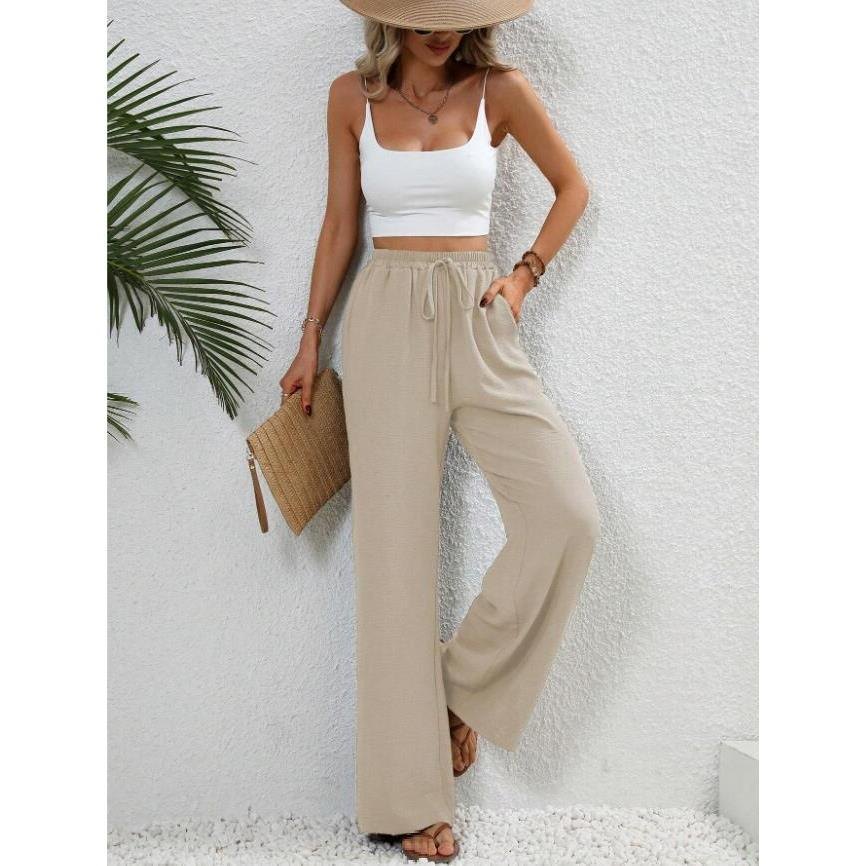 Effortless High Waist Wide Leg Pants for Women with Drawstring Loose Fit Side Pocket Style