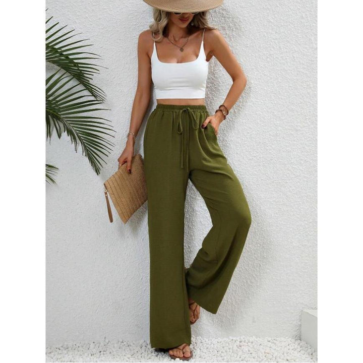 Effortless High Waist Wide Leg Pants for Women with Drawstring Loose Fit Side Pocket Style