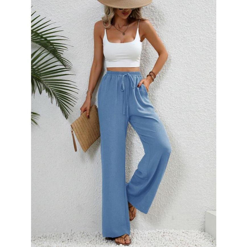 Effortless High Waist Wide Leg Pants for Women with Drawstring Loose Fit Side Pocket Style