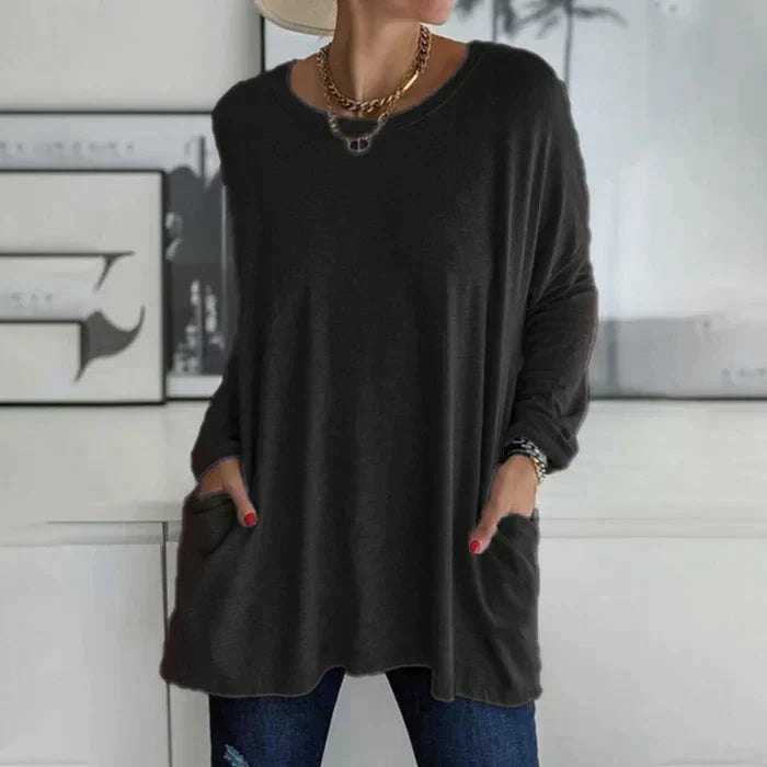 Effortless Knit Tunic Top for Women with Drop Shoulder Long Sleeve Patch Pocket Oversized Style