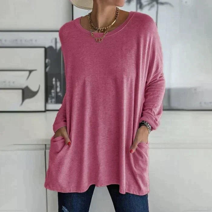 Effortless Knit Tunic Top for Women with Drop Shoulder Long Sleeve Patch Pocket Oversized Style