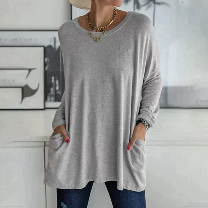 Effortless Knit Tunic Top for Women with Drop Shoulder Long Sleeve Patch Pocket Oversized Style
