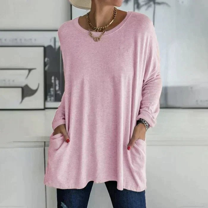 Effortless Knit Tunic Top for Women with Drop Shoulder Long Sleeve Patch Pocket Oversized Style