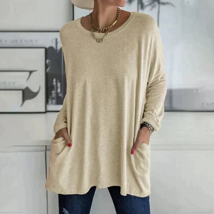 Effortless Knit Tunic Top for Women with Drop Shoulder Long Sleeve Patch Pocket Oversized Style