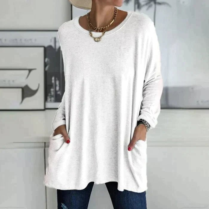 Effortless Knit Tunic Top for Women with Drop Shoulder Long Sleeve Patch Pocket Oversized Style