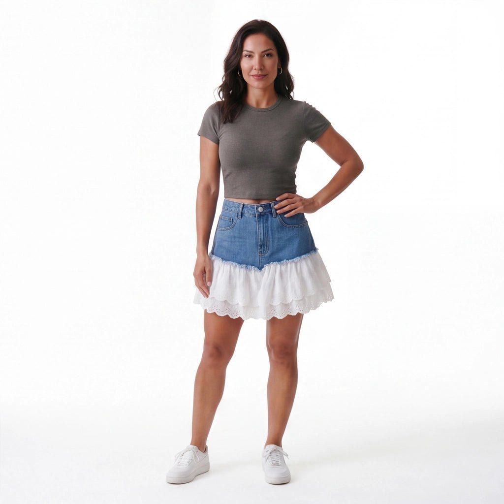 Effortless Lace Trim Denim Skirt for Women with Lightweight Weave Breathable Flexible Fit Style