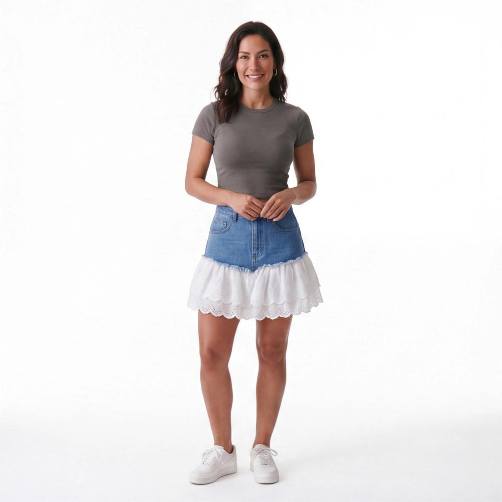 Effortless Lace Trim Denim Skirt for Women with Lightweight Weave Breathable Flexible Fit Style