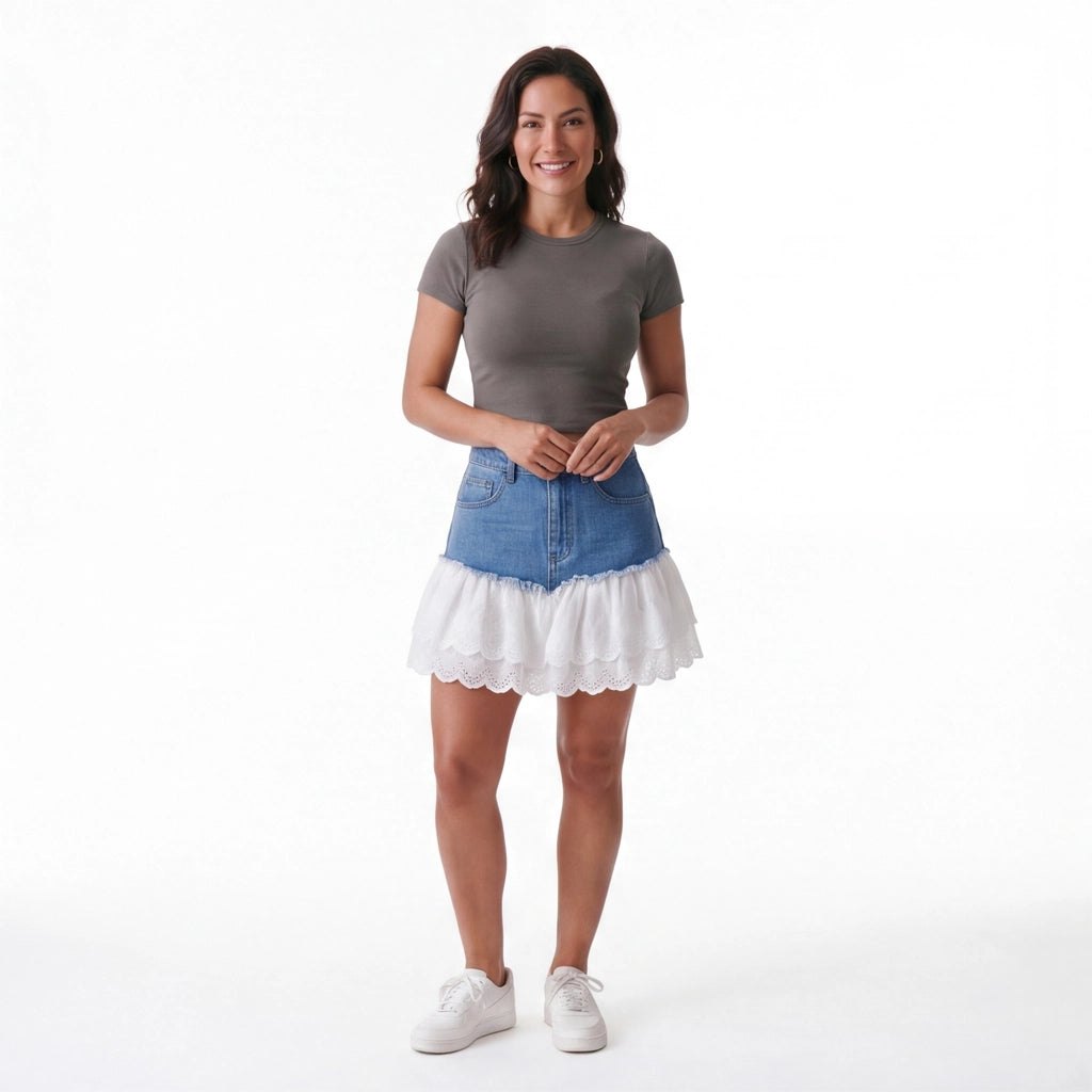 Effortless Lace Trim Denim Skirt for Women with Lightweight Weave Breathable Flexible Fit Style