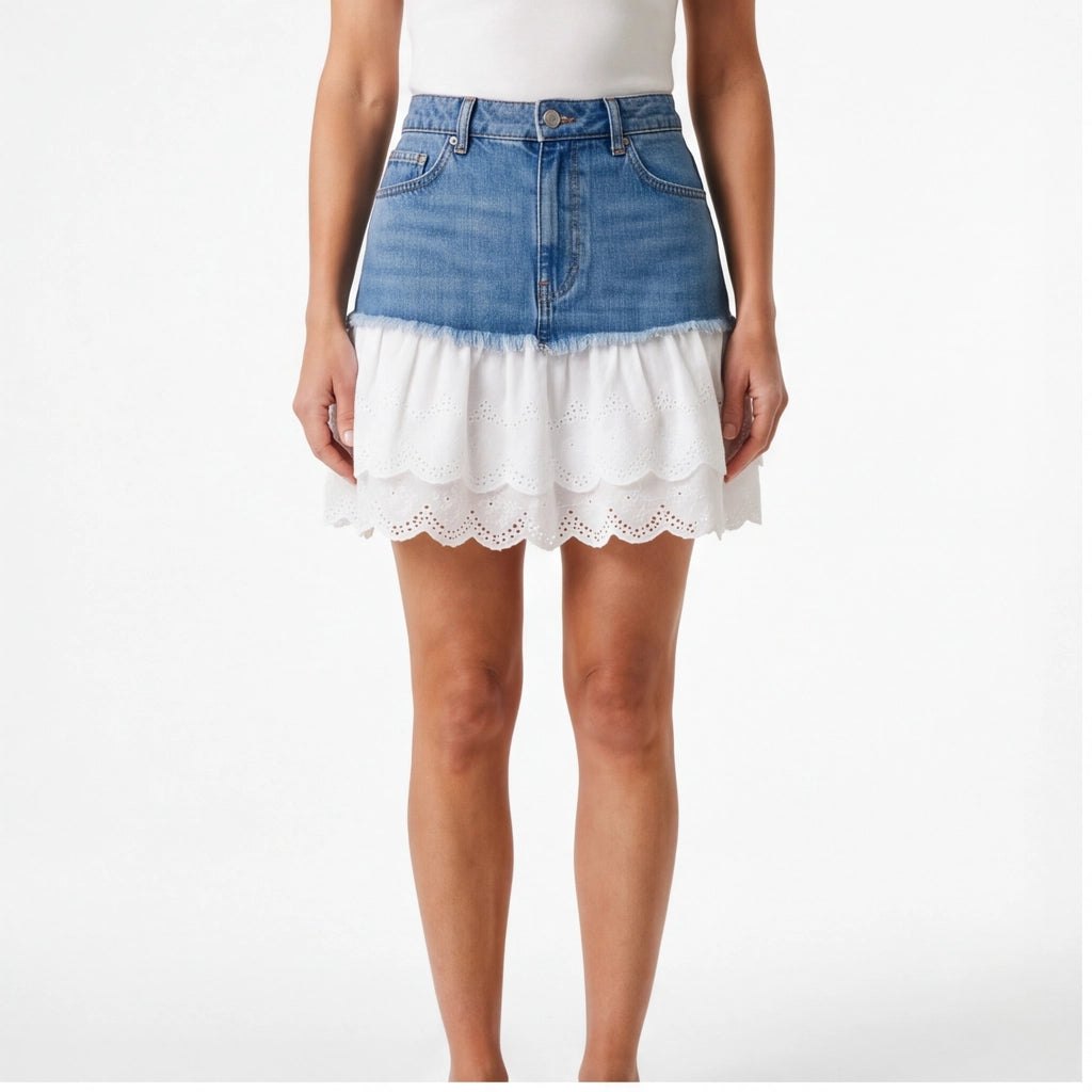Effortless Lace Trim Denim Skirt for Women with Lightweight Weave Breathable Flexible Fit Style