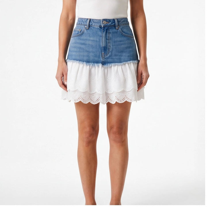 Effortless Lace Trim Denim Skirt for Women with Lightweight Weave Breathable Flexible Fit Style