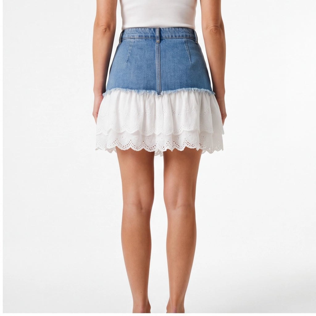 Effortless Lace Trim Denim Skirt for Women with Lightweight Weave Breathable Flexible Fit Style