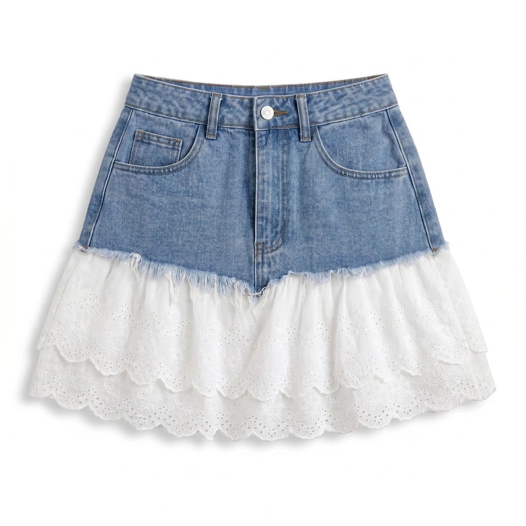 Effortless Lace Trim Denim Skirt for Women with Lightweight Weave Breathable Flexible Fit Style
