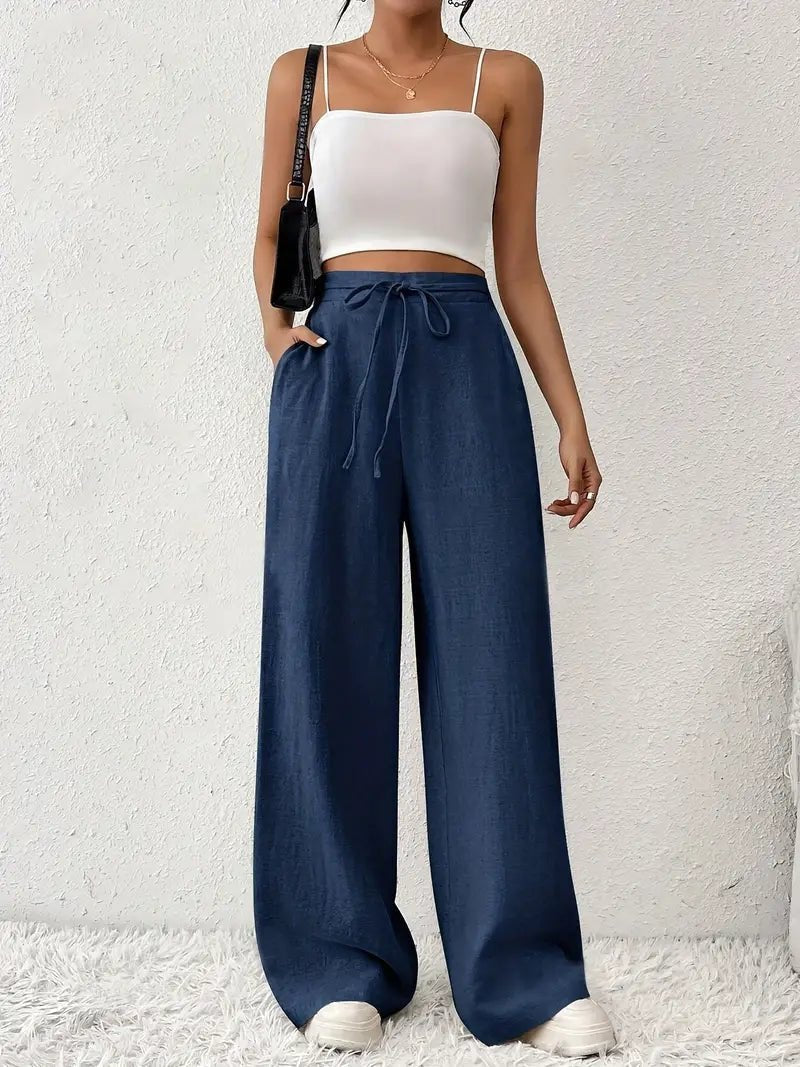 Effortless Linen Khaki Pants for Women with Drawstring Waist Wide Leg Soft Texture Style
