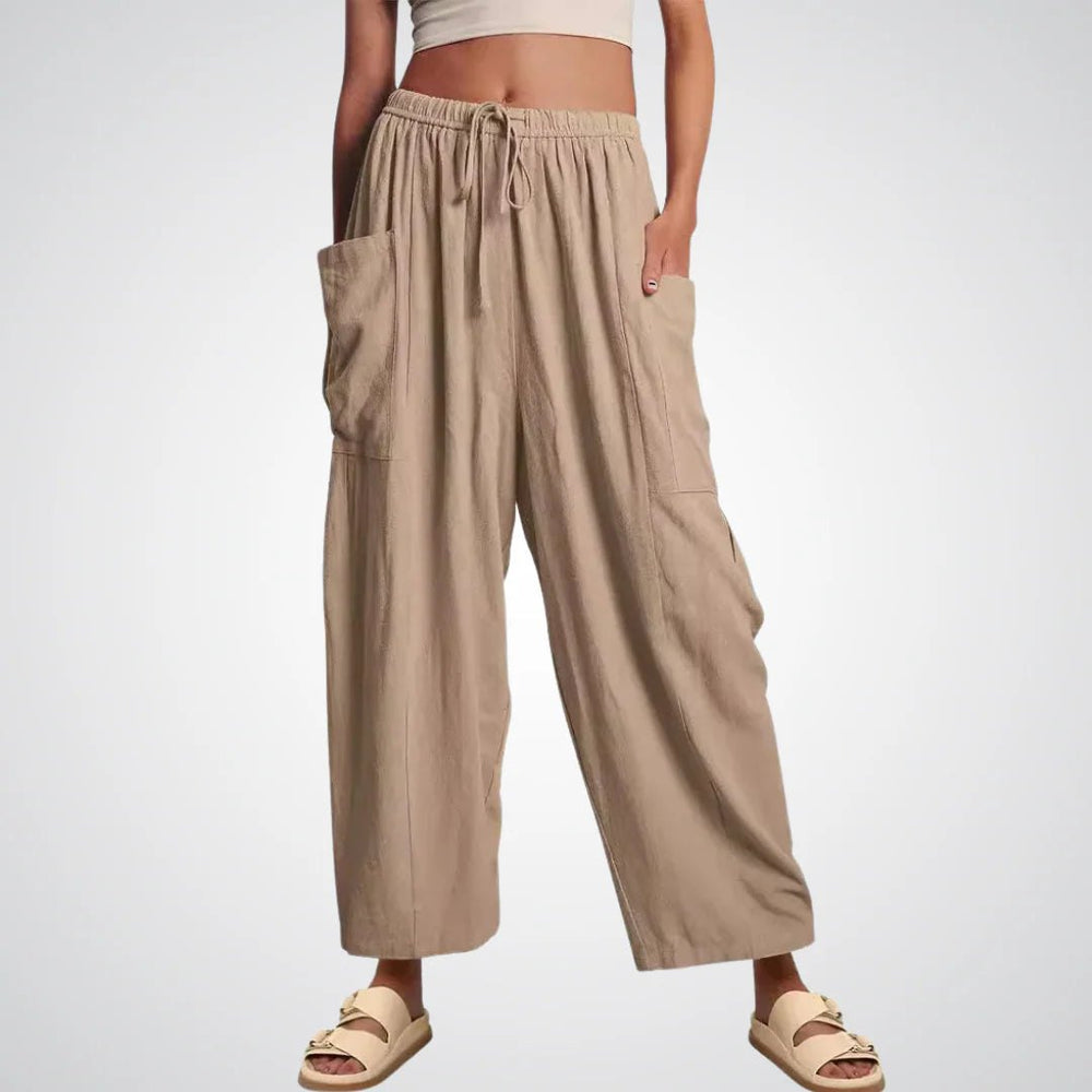 Effortless Linen Wide Leg Pants for Women with Elastic Drawstring Waist Side Pocket Pull On Style