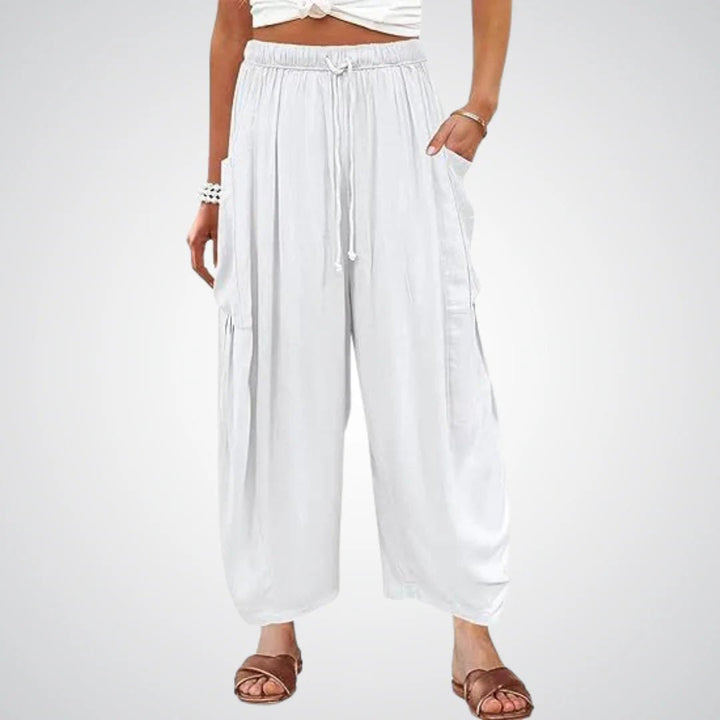Effortless Linen Wide Leg Pants for Women with Elastic Drawstring Waist Side Pocket Pull On Style