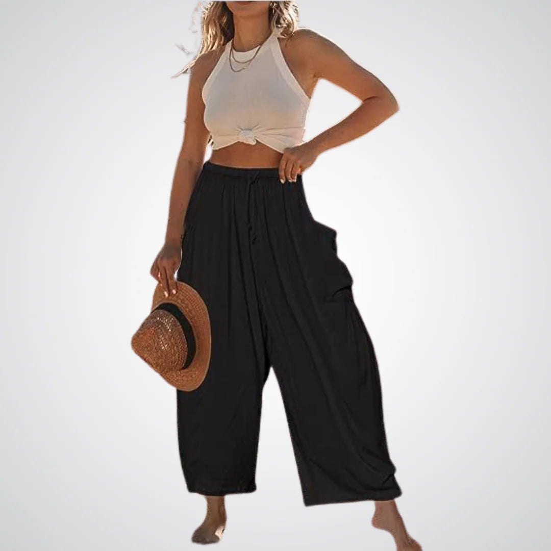 Effortless Linen Wide Leg Pants for Women with Elastic Drawstring Waist Side Pocket Pull On Style