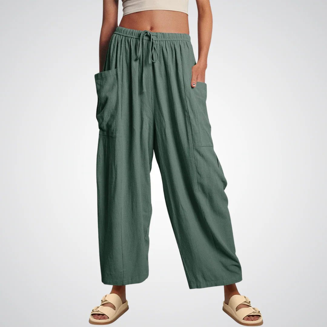 Effortless Linen Wide Leg Pants for Women with Elastic Drawstring Waist Side Pocket Pull On Style