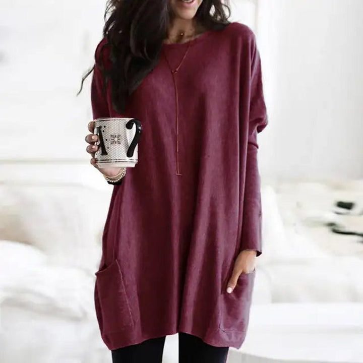 Effortless Oversized Tunic for Women with Crew Neck Long Sleeve Patch Pocket Relaxed Style