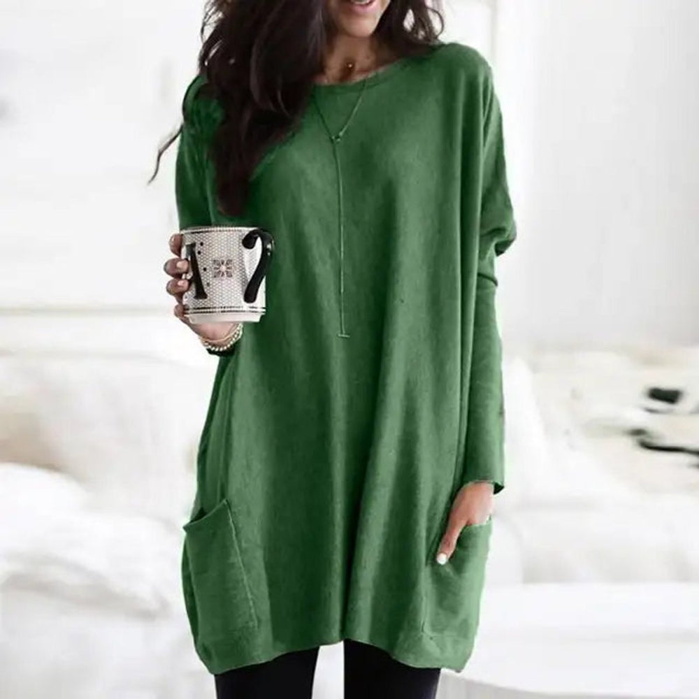 Effortless Oversized Tunic for Women with Crew Neck Long Sleeve Patch Pocket Relaxed Style