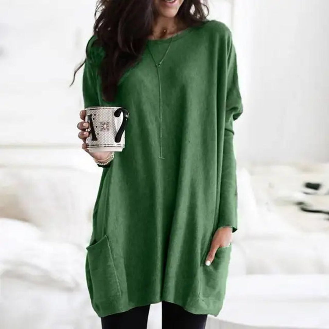 Effortless Oversized Tunic for Women with Crew Neck Long Sleeve Patch Pocket Relaxed Style