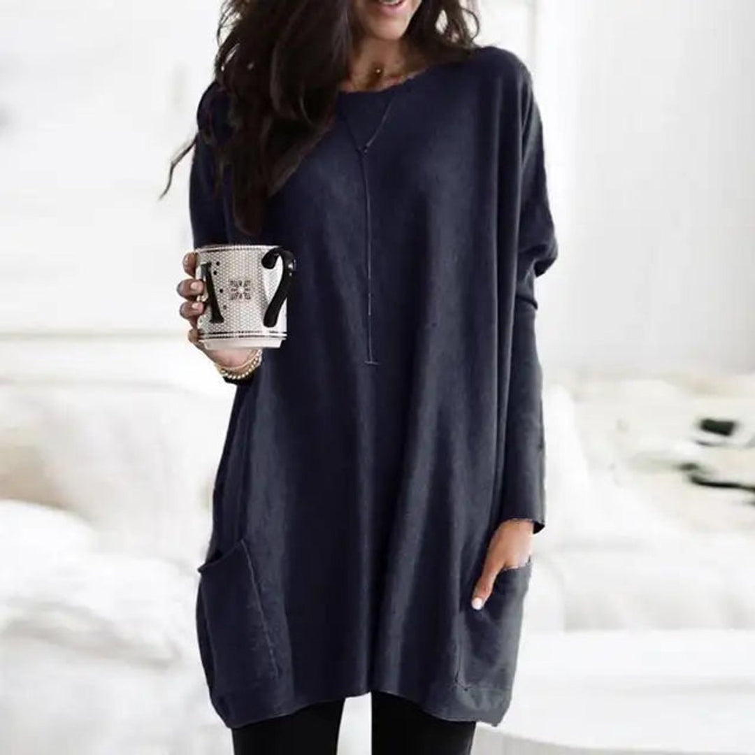 Effortless Oversized Tunic for Women with Crew Neck Long Sleeve Patch Pocket Relaxed Style