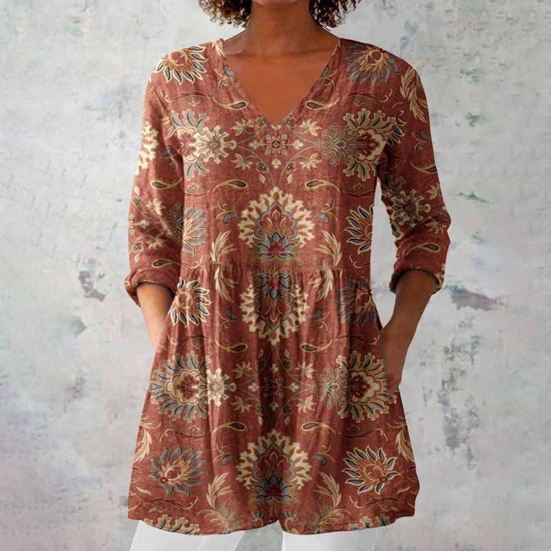 Effortless Paisley Print Tunic for Women with V Neck Three Quarter Sleeve Bohemian Style