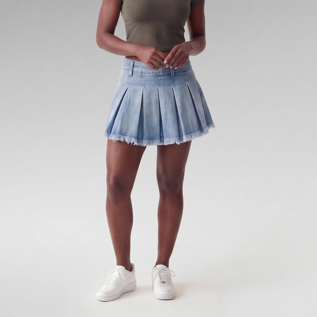 Effortless Pleated Denim Mini Skirt for Women with Soft Structure Light Texture Movement Style
