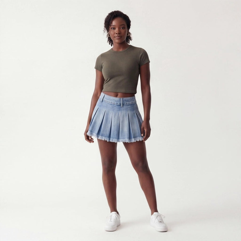 Effortless Pleated Denim Mini Skirt for Women with Soft Structure Light Texture Movement Style