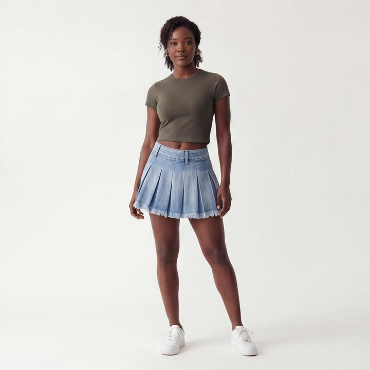 Effortless Pleated Denim Mini Skirt for Women with Soft Structure Light Texture Movement Style