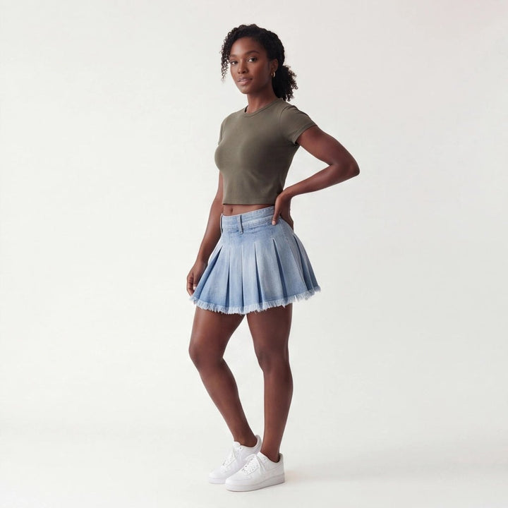 Effortless Pleated Denim Mini Skirt for Women with Soft Structure Light Texture Movement Style