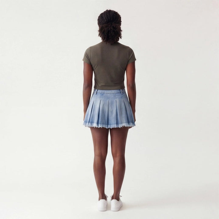Effortless Pleated Denim Mini Skirt for Women with Soft Structure Light Texture Movement Style