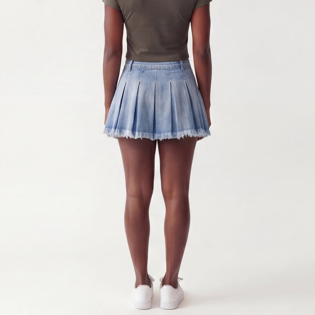 Effortless Pleated Denim Mini Skirt for Women with Soft Structure Light Texture Movement Style