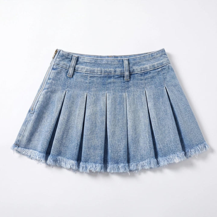 Effortless Pleated Denim Mini Skirt for Women with Soft Structure Light Texture Movement Style