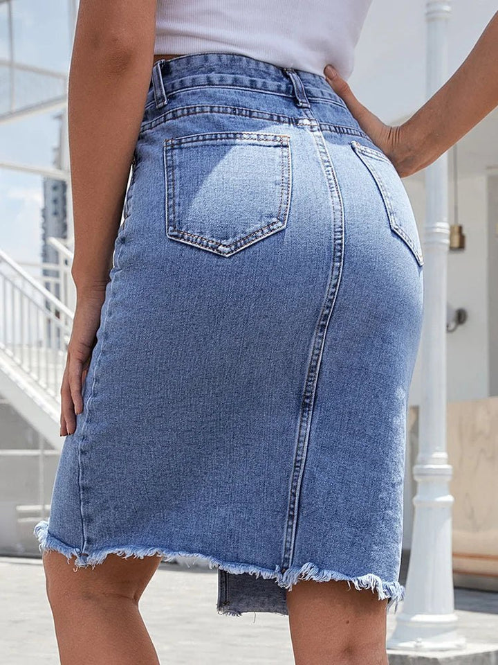 Effortless Raw Hem Denim Skirt for Women with High Waist Midi Length Front Split Style