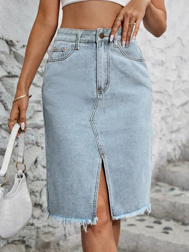 Effortless Raw Hem Denim Skirt for Women with High Waist Midi Length Front Split Style