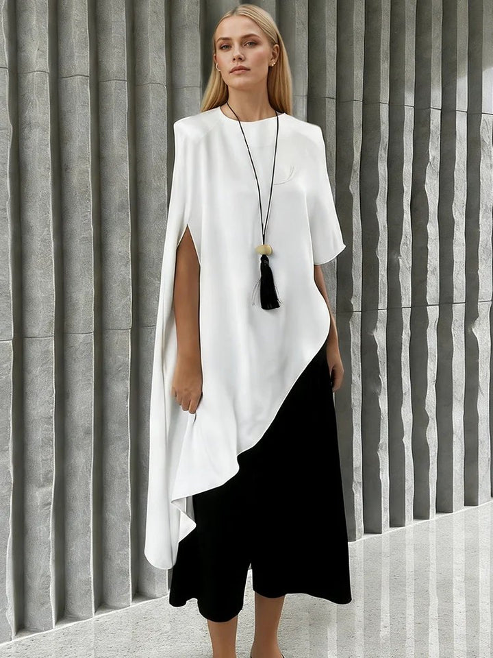 Effortless Ruffle Hem Poncho Shirt for Women with Asymmetric Cut Loose Short Sleeve Style