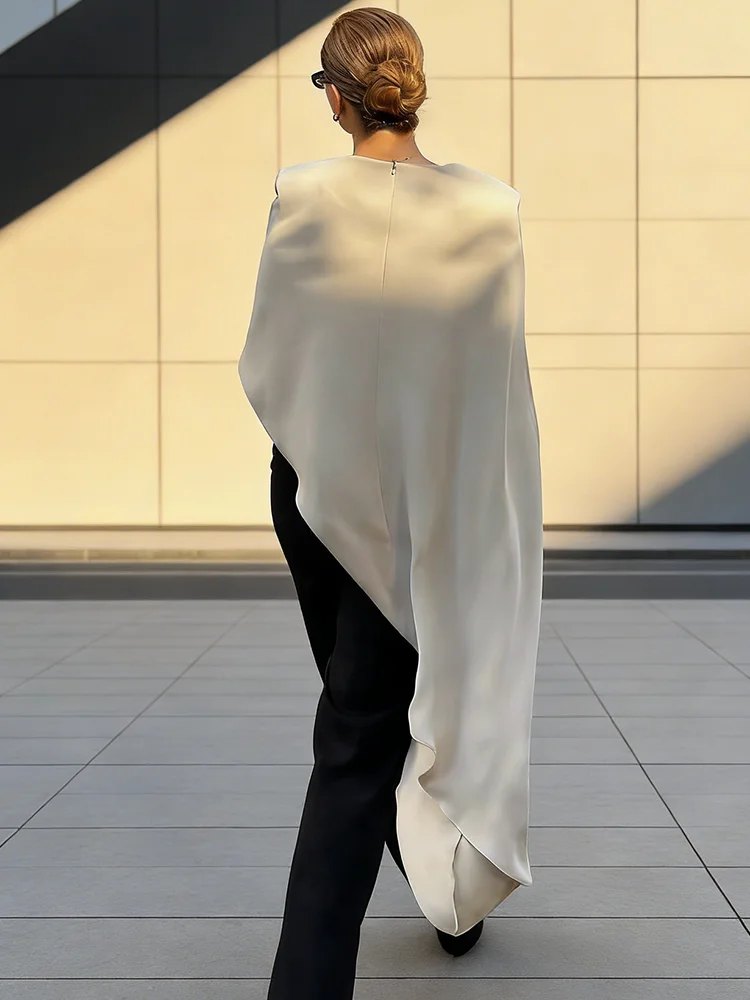 Effortless Ruffle Hem Poncho Shirt for Women with Asymmetric Cut Loose Short Sleeve Style