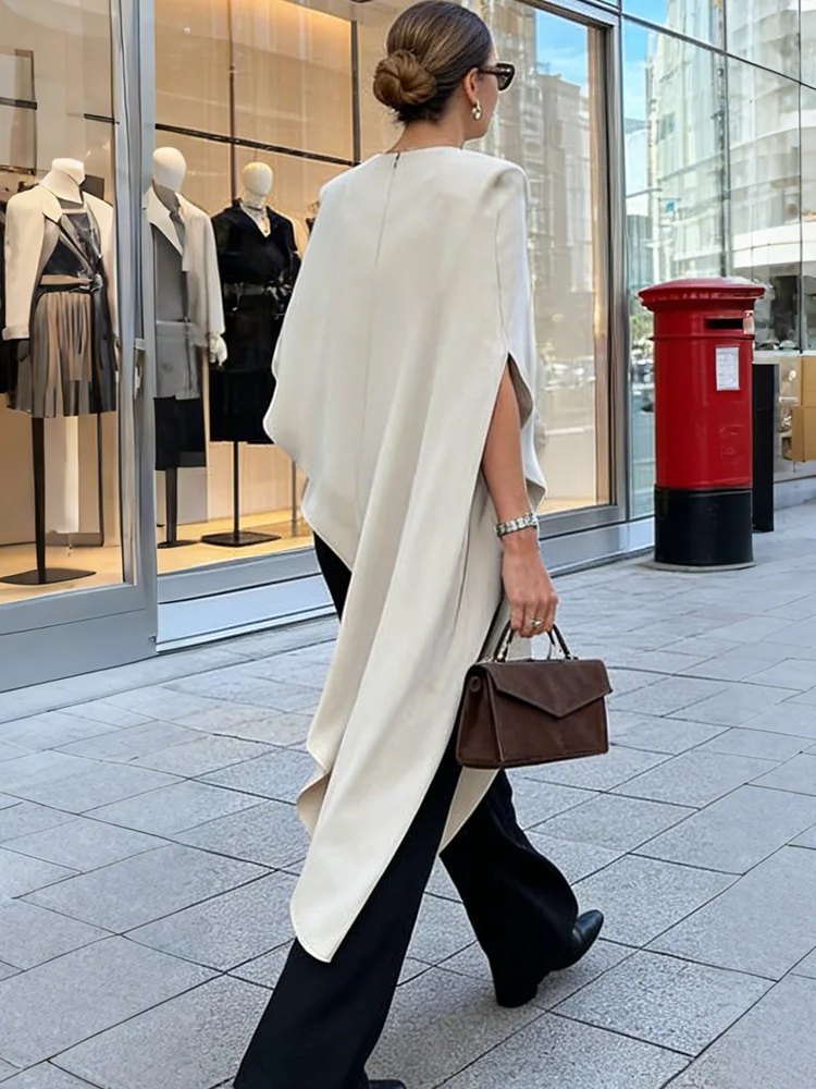 Effortless Ruffle Hem Poncho Shirt for Women with Asymmetric Cut Loose Short Sleeve Style