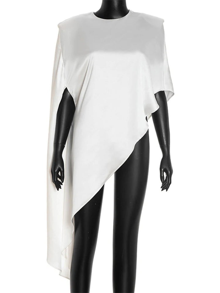 Effortless Ruffle Hem Poncho Shirt for Women with Asymmetric Cut Loose Short Sleeve Style