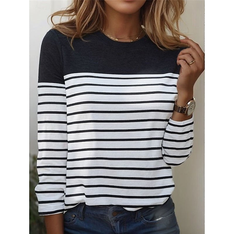 Effortless Striped Crew Neck Top for Women with Long Sleeve Soft Cotton Classic Style